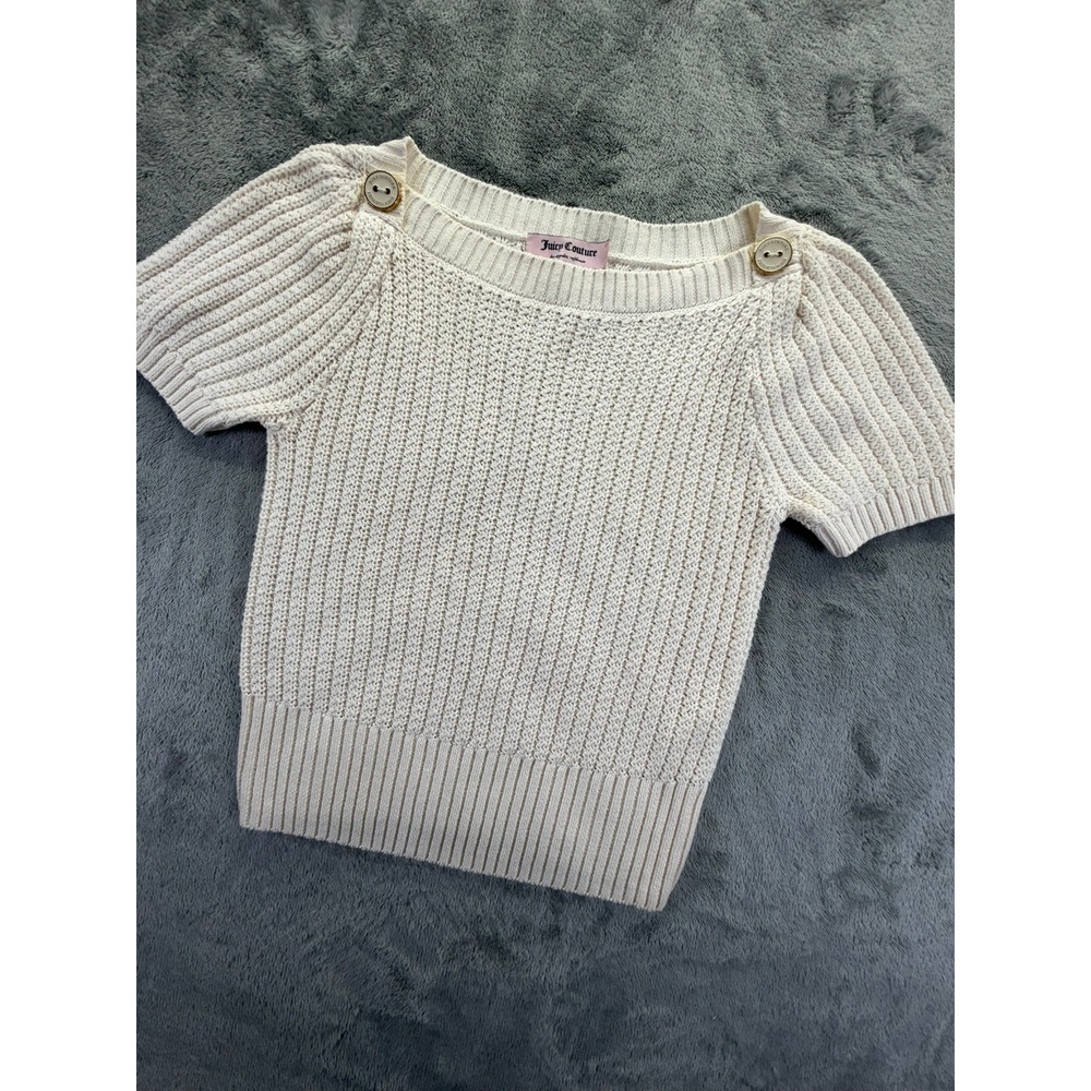 Juicy Couture Cream Short Sleeve Knit Boat Neck Button Shoulder Sweater Petite P